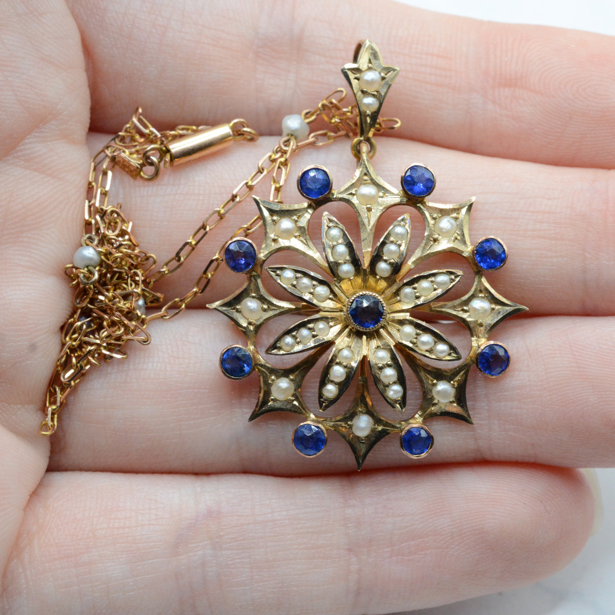 Large Antique Edwardian 9ct Gold Sapphire & Pearl Floral Pendant Necklace