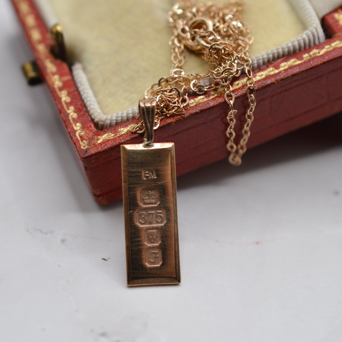 1980s Vintage 9ct Gold Ingot Pendant Necklace, 16" Chain