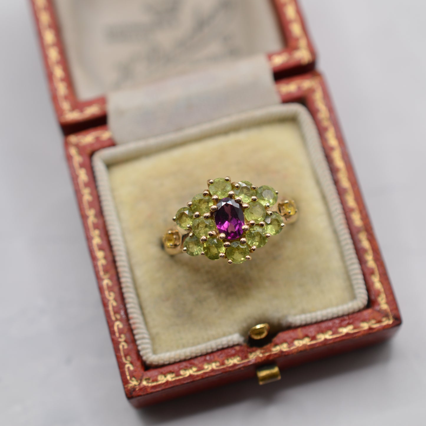 Chunky 9ct Gold Green Sapphire, Yellow Sapphire & Garnet Cluster Ring