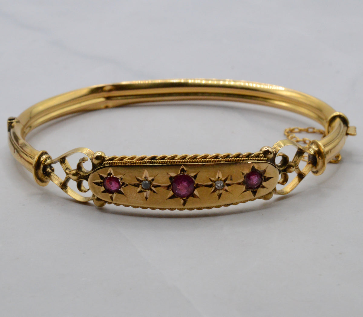 Antique Victorian 9ct Gold Ruby & Diamond Bangle Bracelet