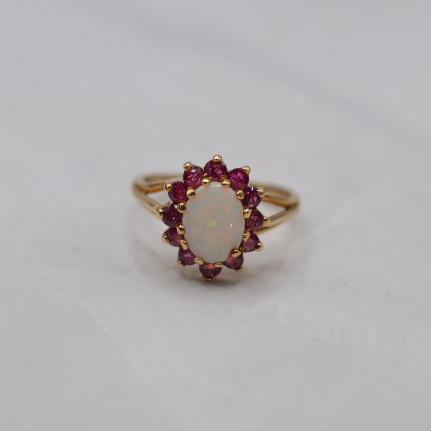 1980s 18ct Gold Opal & Ruby Cluster Ring