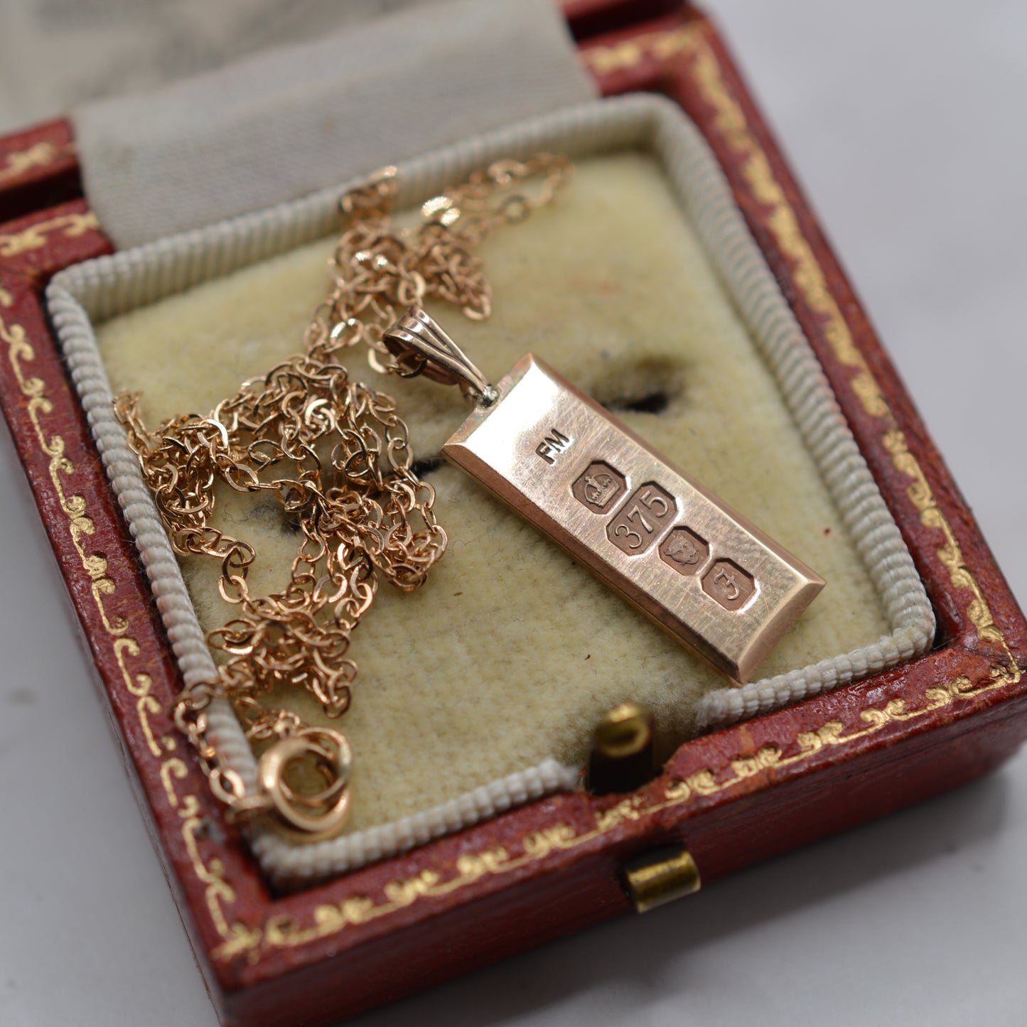 1980s Vintage 9ct Gold Ingot Pendant Necklace, 16" Chain