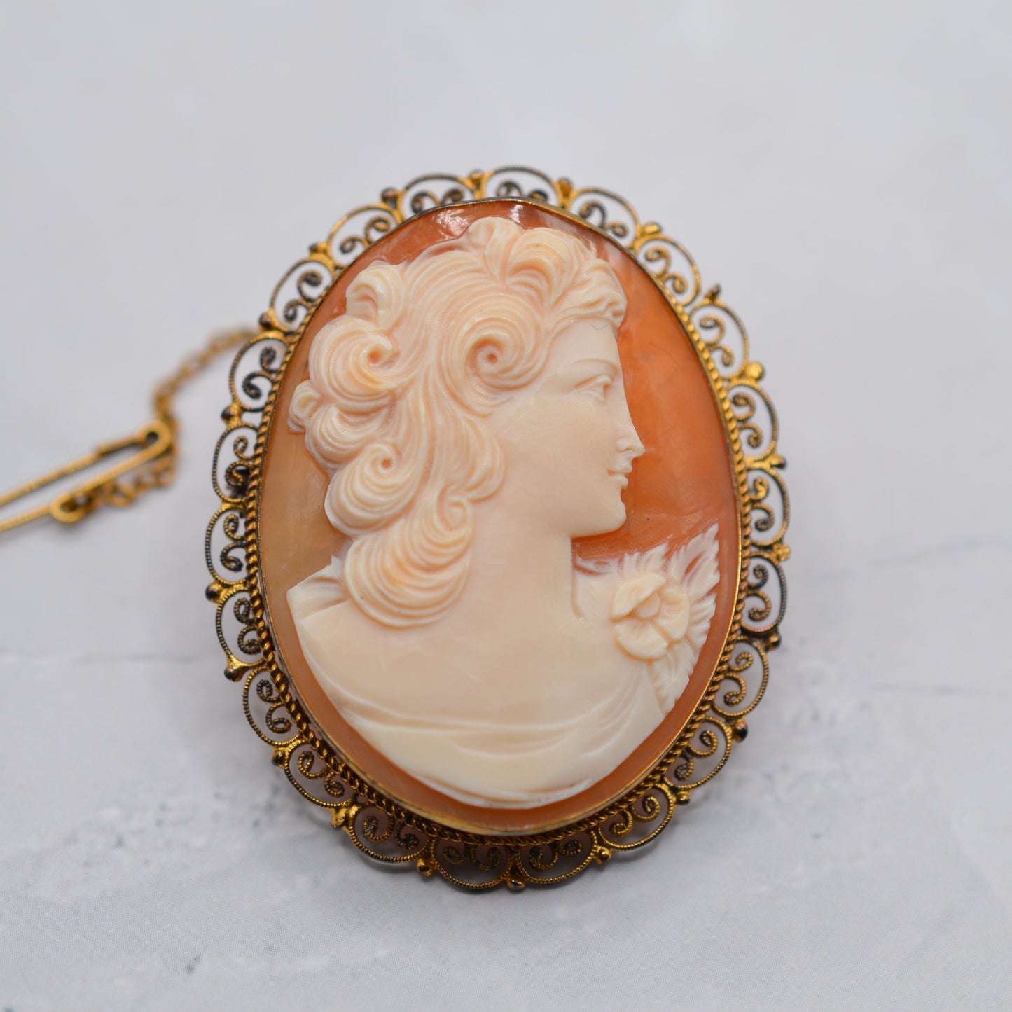Large Vintage Cameo Brooch with Filigree Border