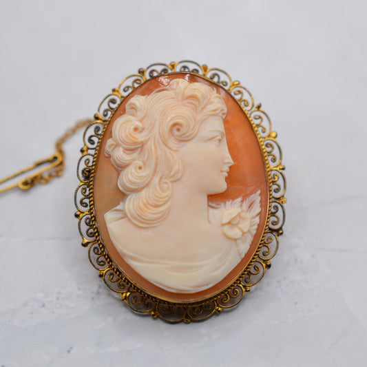 Large Vintage Cameo Brooch with Filigree Border