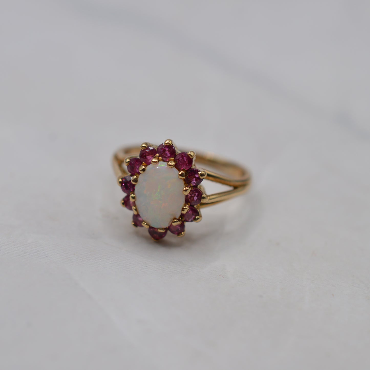 1980s 18ct Gold Opal & Ruby Cluster Ring