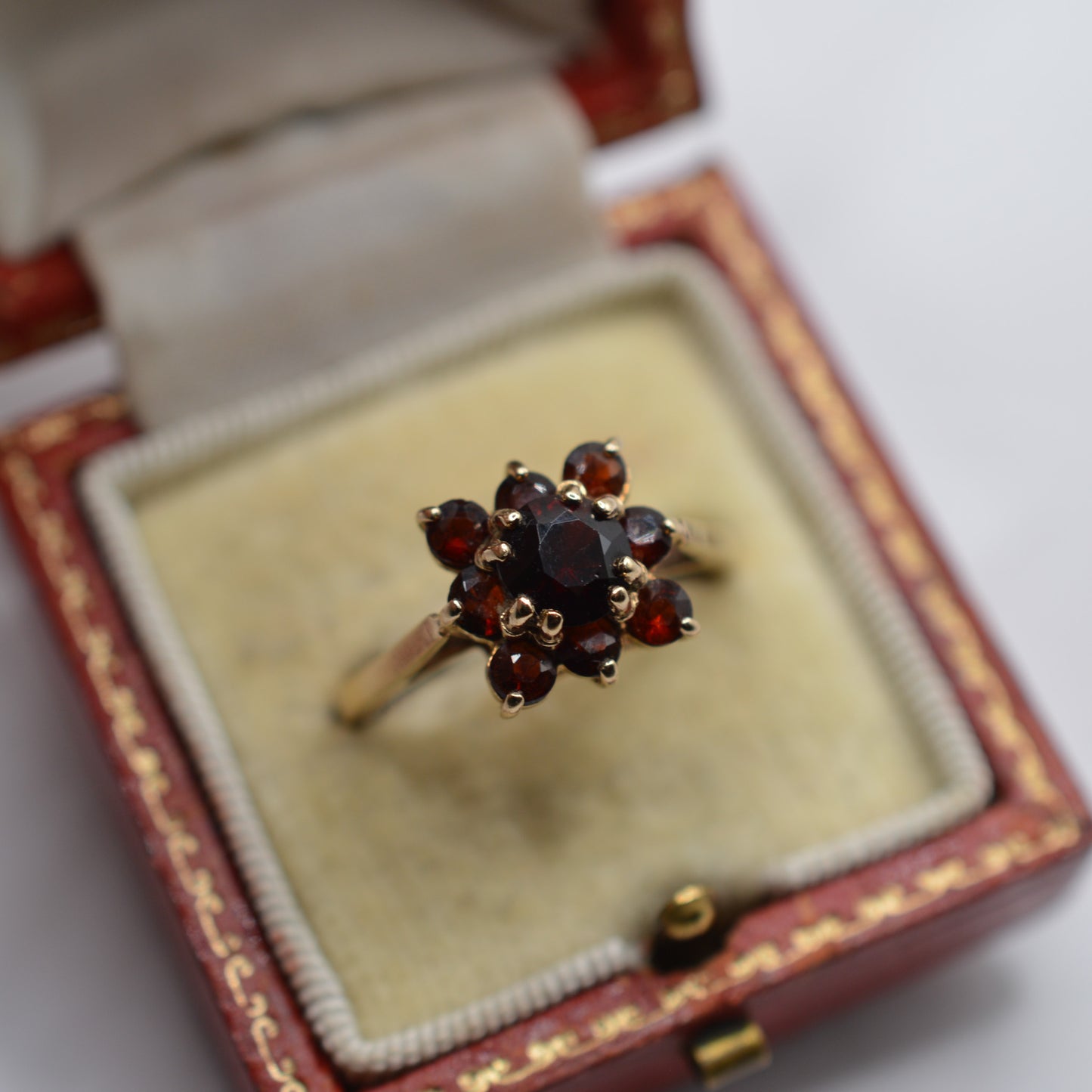 1970s Vintage 9ct Gold Garnet Square Cluster Ring