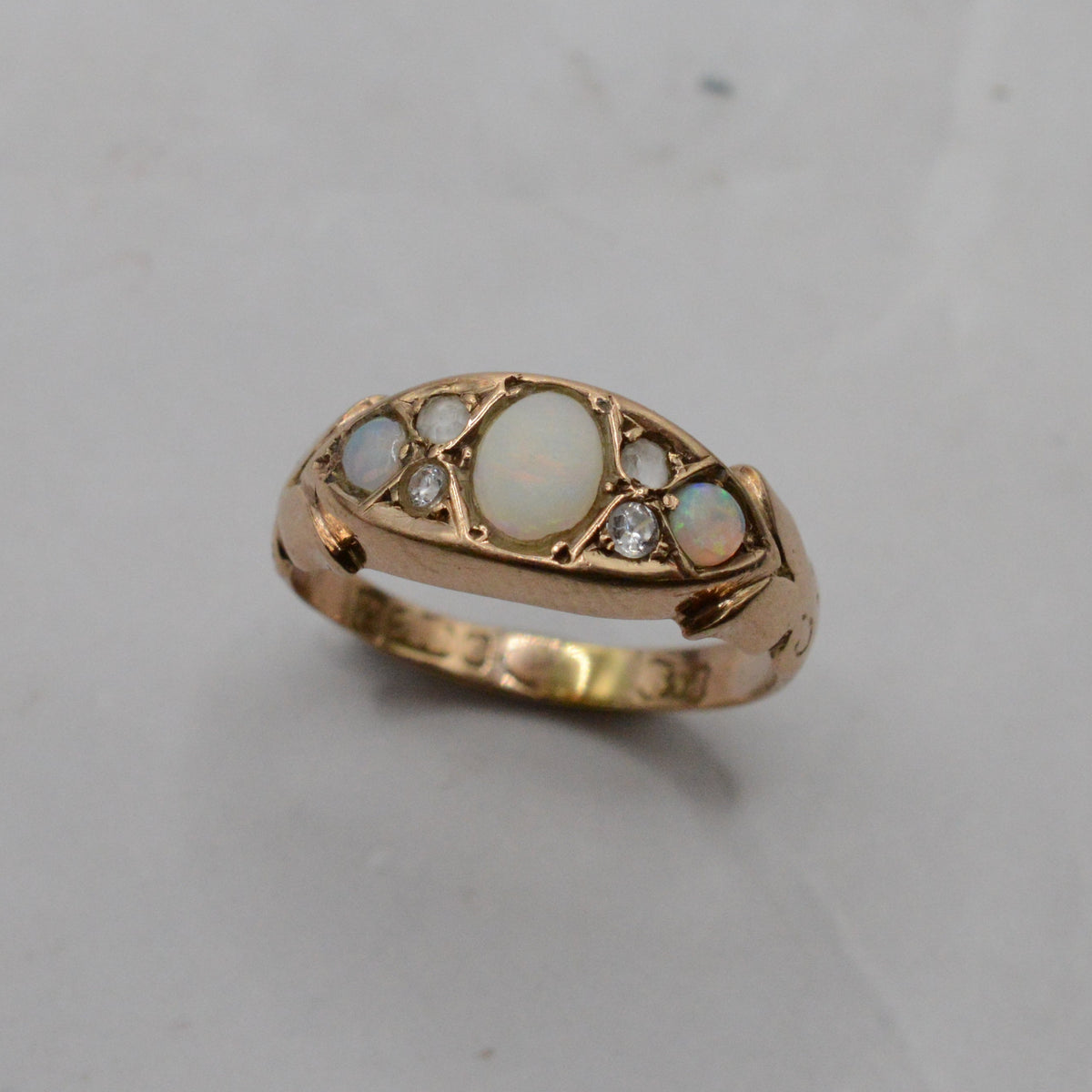 1908 Antique Edwardian 9ct Gold Opal & Paste Seven-Stone Ring