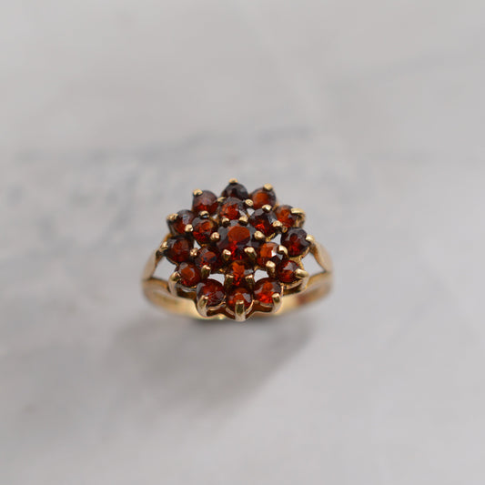 1970s Vintage 9ct Gold Garnet Three-Tier Cluster Ring