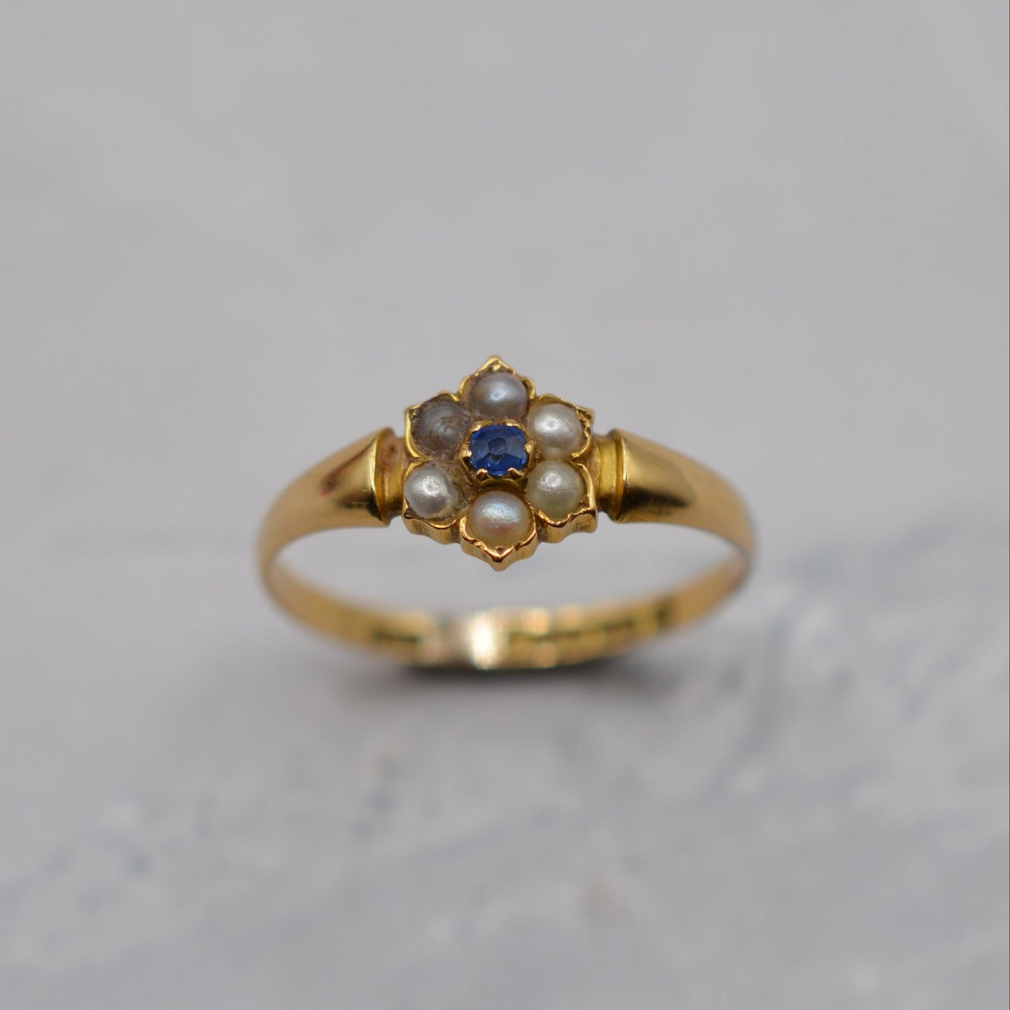 1898 Antique Victorian 18ct Gold Sapphire & Pearl Floral Cluster Ring