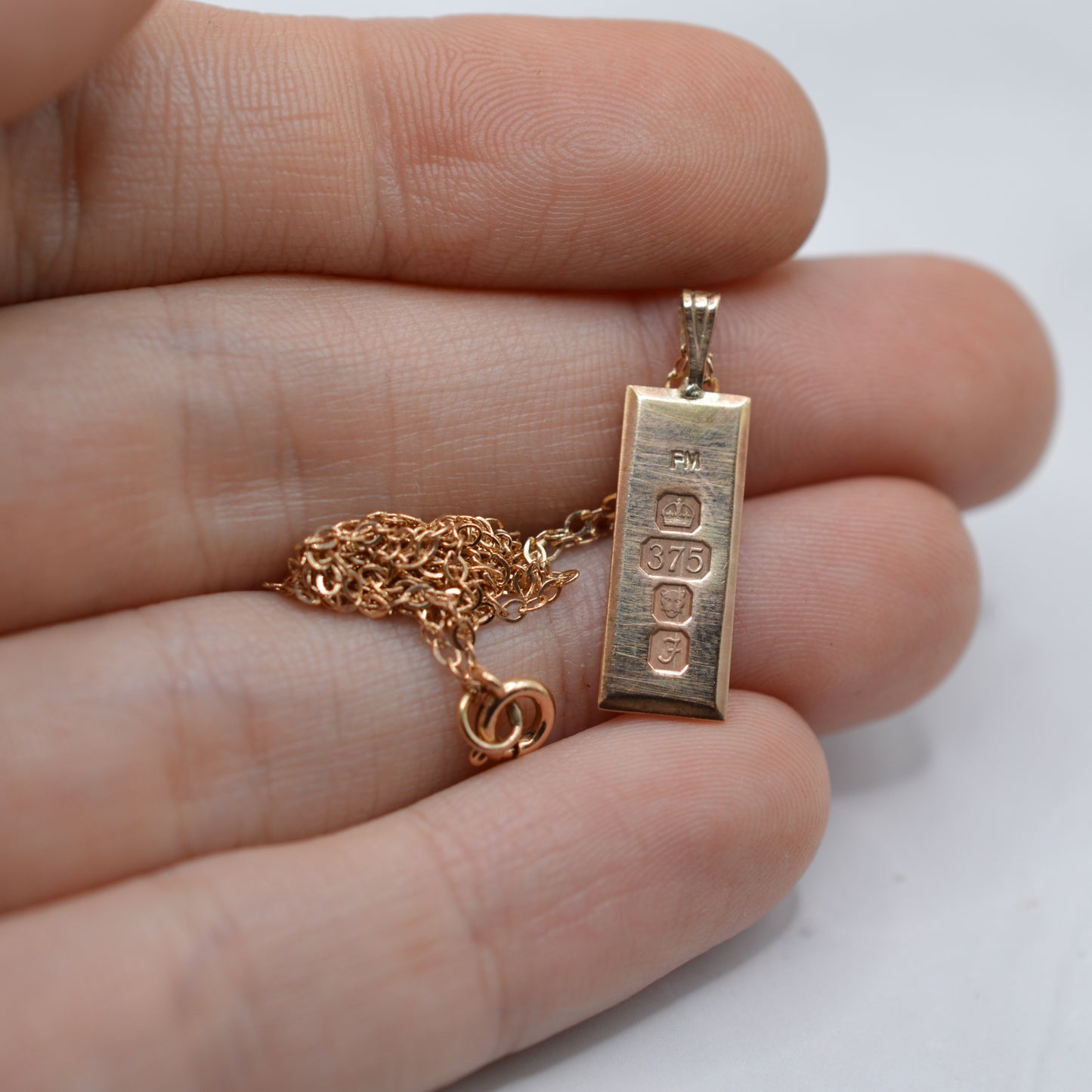 1980s Vintage 9ct Gold Ingot Pendant Necklace, 16" Chain