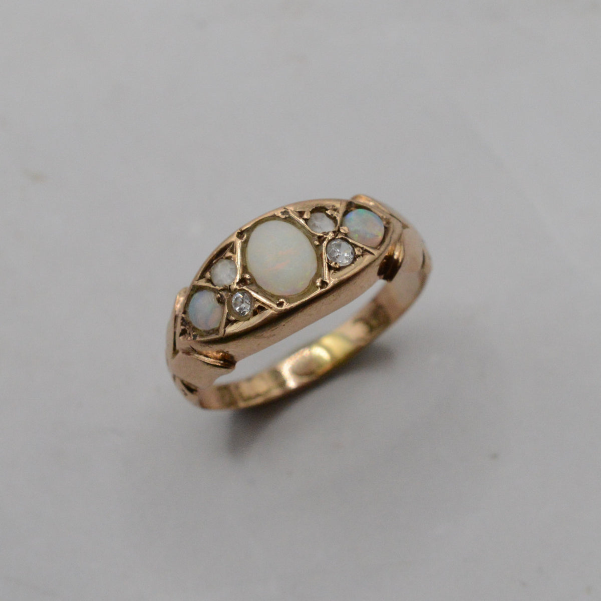 1908 Antique Edwardian 9ct Gold Opal & Paste Seven-Stone Ring