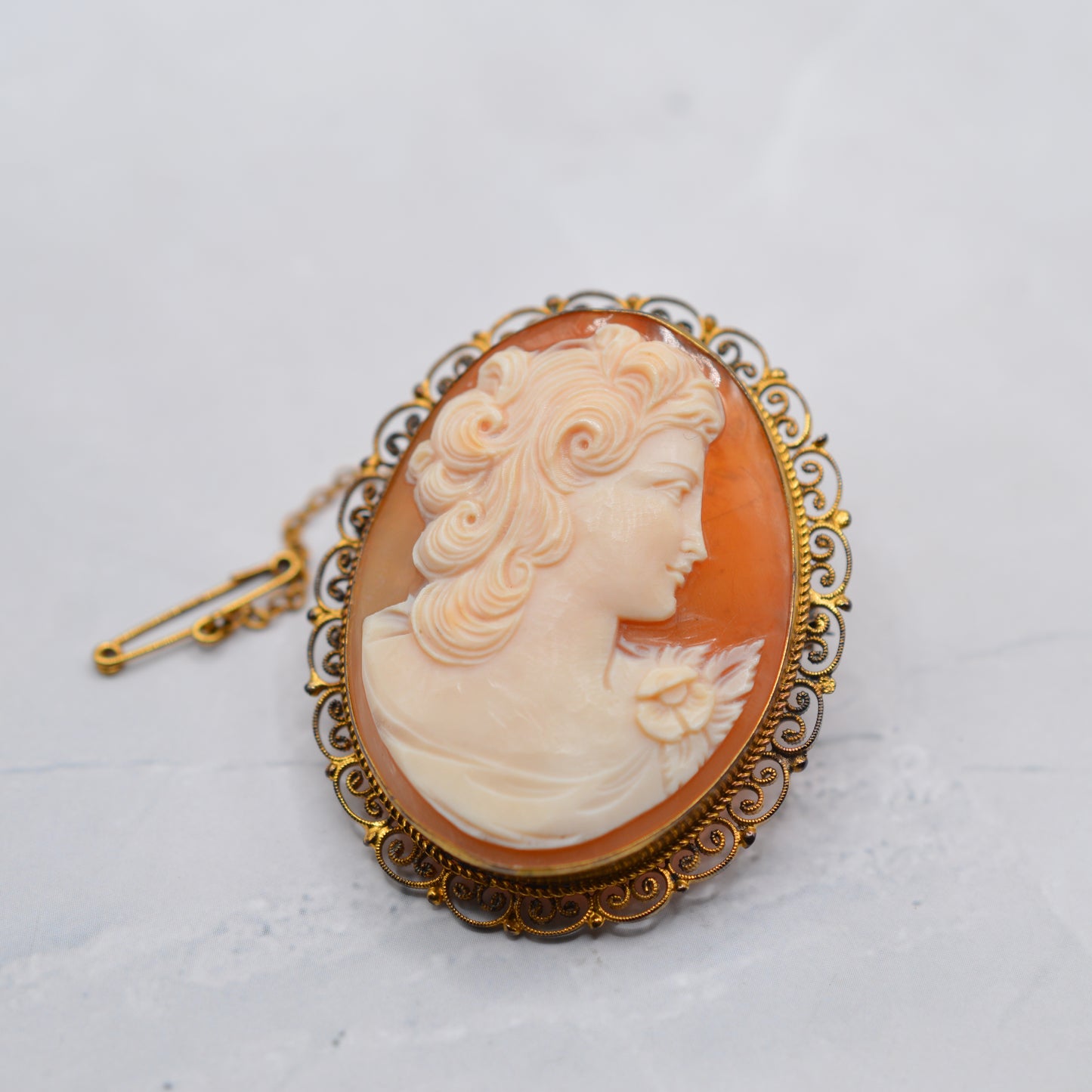 Large Vintage Cameo Brooch with Filigree Border