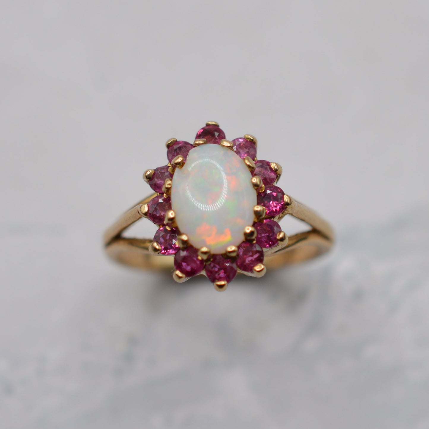 1980s 18ct Gold Opal & Ruby Cluster Ring