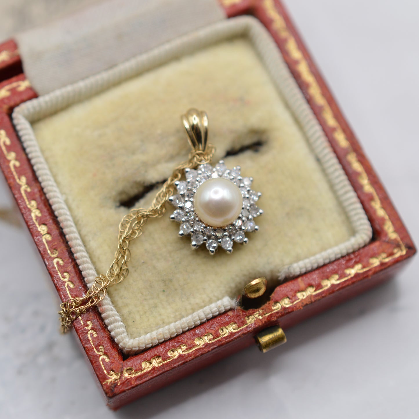 9ct Gold Pearl & Diamond Cluster Pendant Necklace (16”)