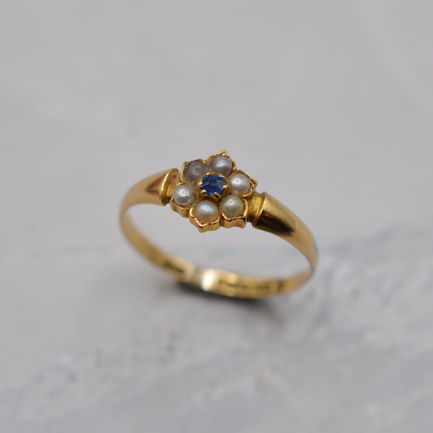 1898 Antique Victorian 18ct Gold Sapphire & Pearl Floral Cluster Ring