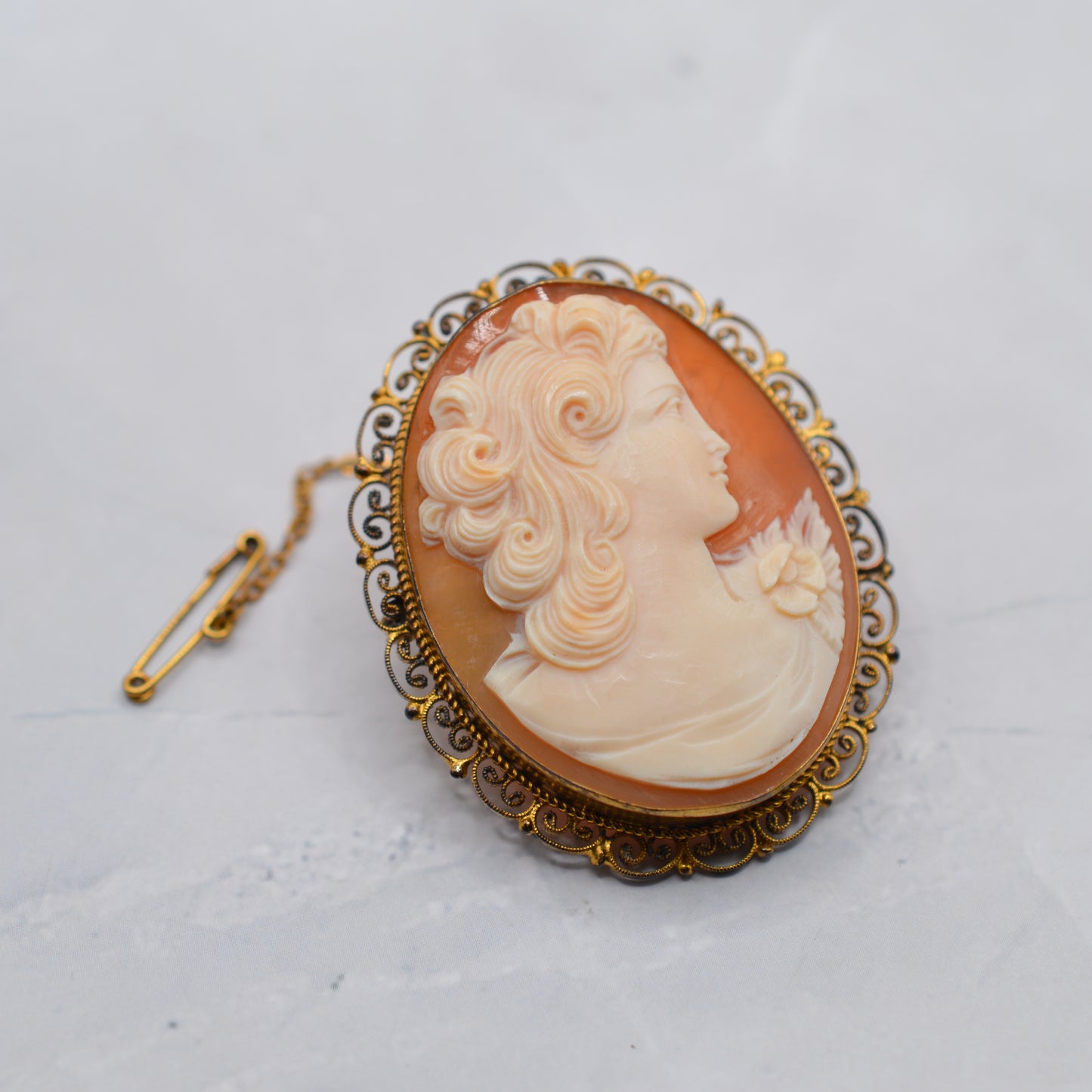 Large Vintage Cameo Brooch with Filigree Border