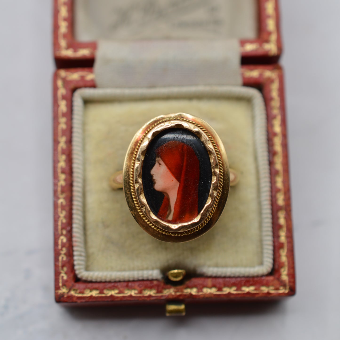 *RESERVED* Antique 18ct Gold Saint Fabiola Enamel Portrait Ring