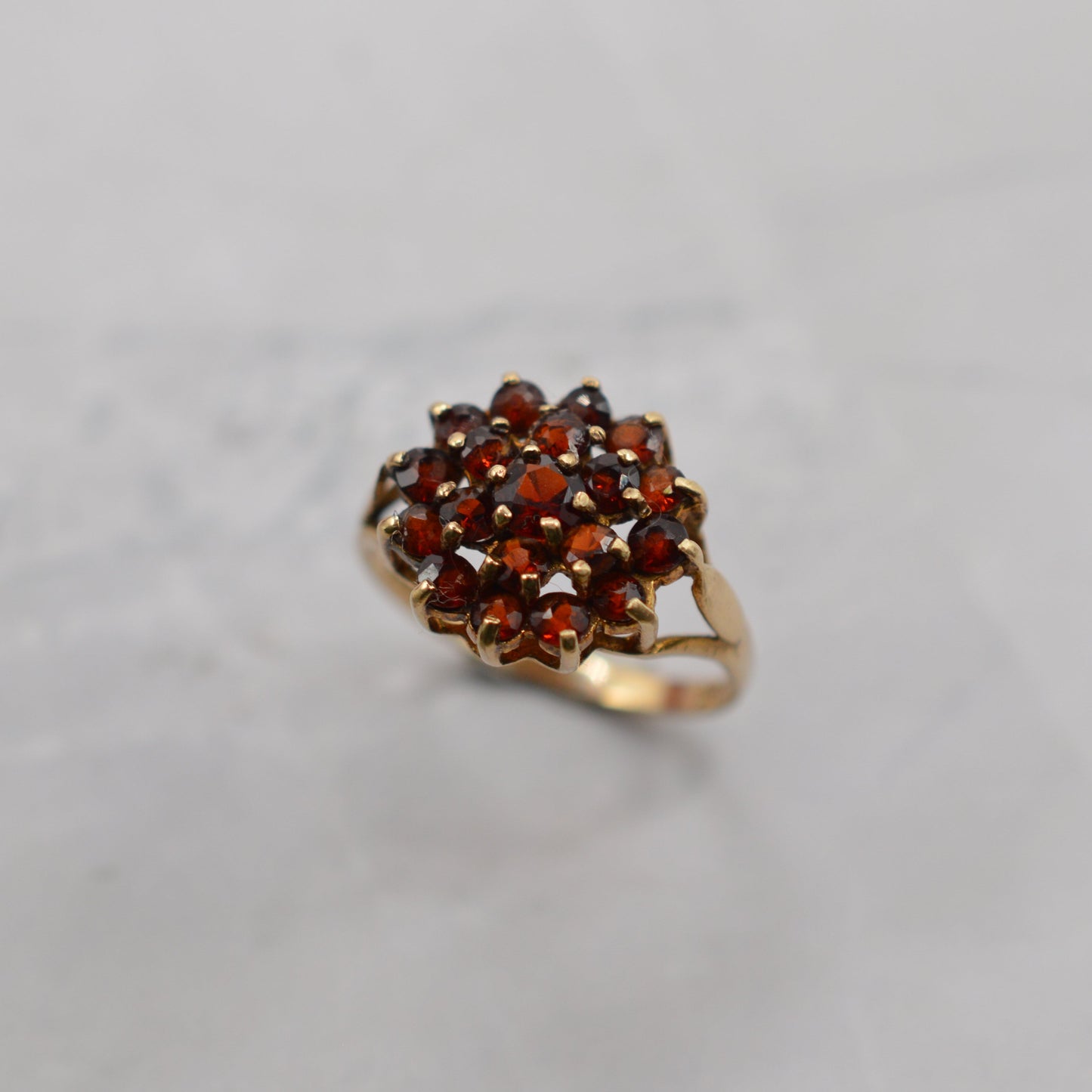 1970s Vintage 9ct Gold Garnet Three-Tier Cluster Ring