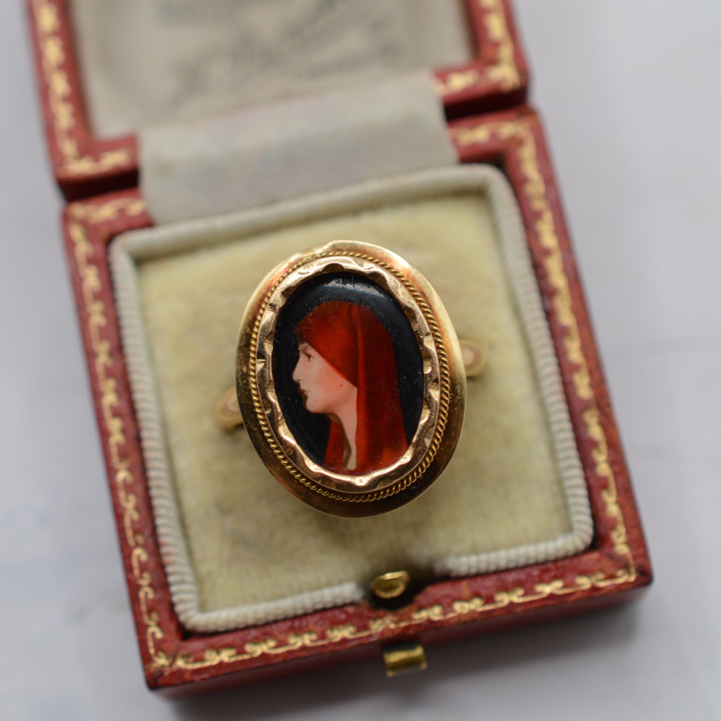 *RESERVED* Antique 18ct Gold Saint Fabiola Enamel Portrait Ring