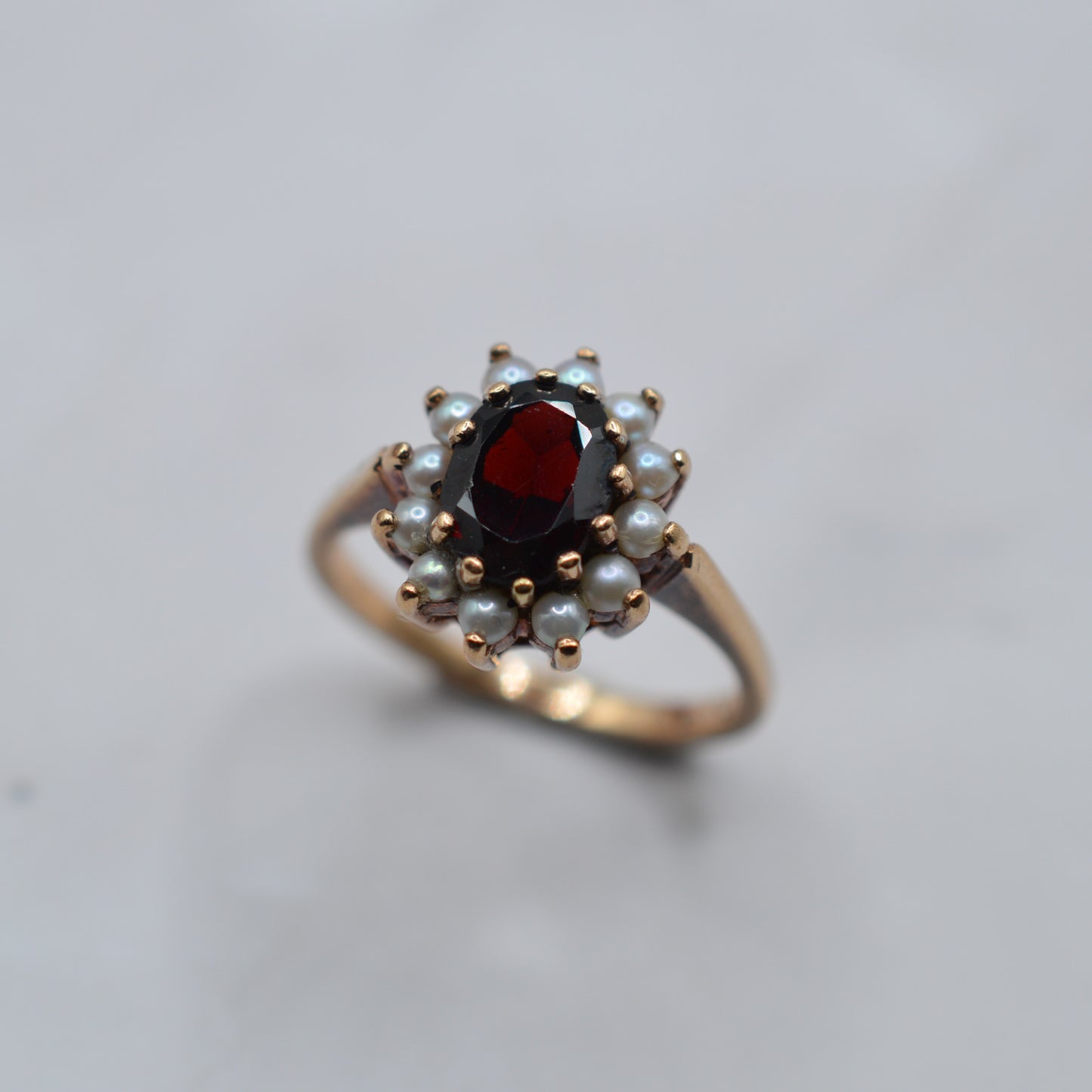 1960s Vintage 9ct Gold Garnet & Pearl Cluster Ring