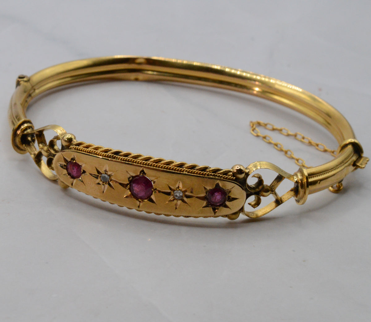 Antique Victorian 9ct Gold Ruby & Diamond Bangle Bracelet