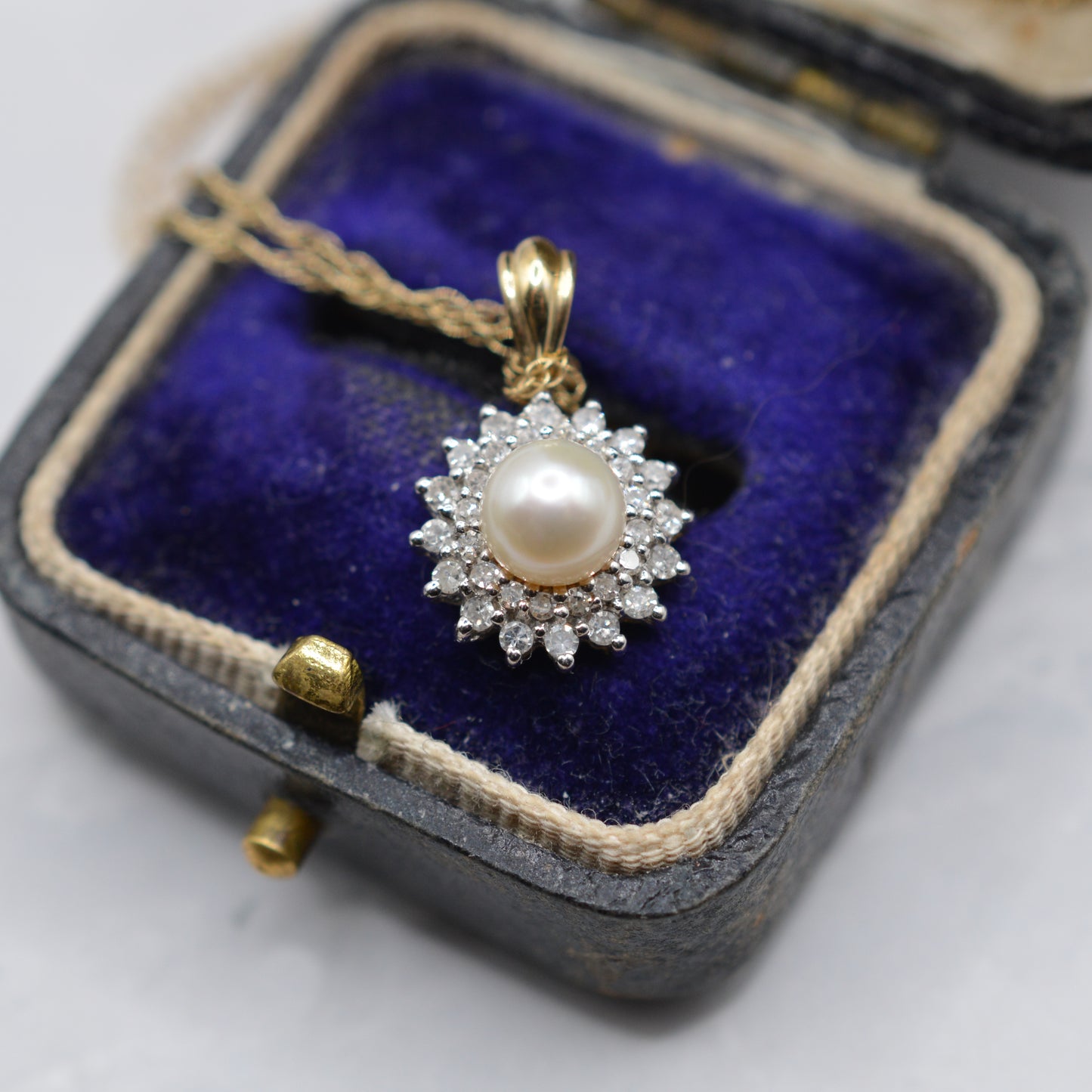 9ct Gold Pearl & Diamond Cluster Pendant Necklace (16”)