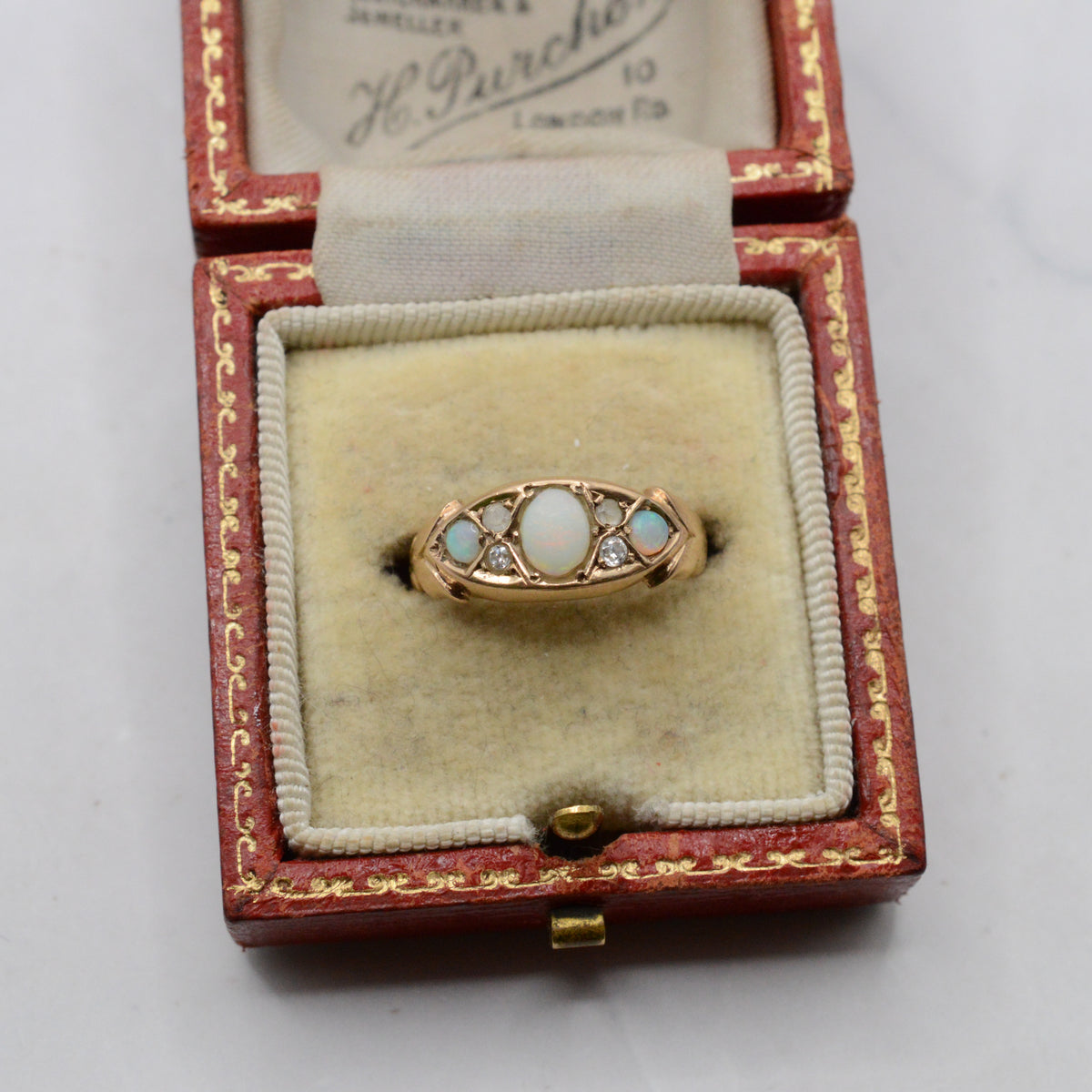 1908 Antique Edwardian 9ct Gold Opal & Paste Seven-Stone Ring