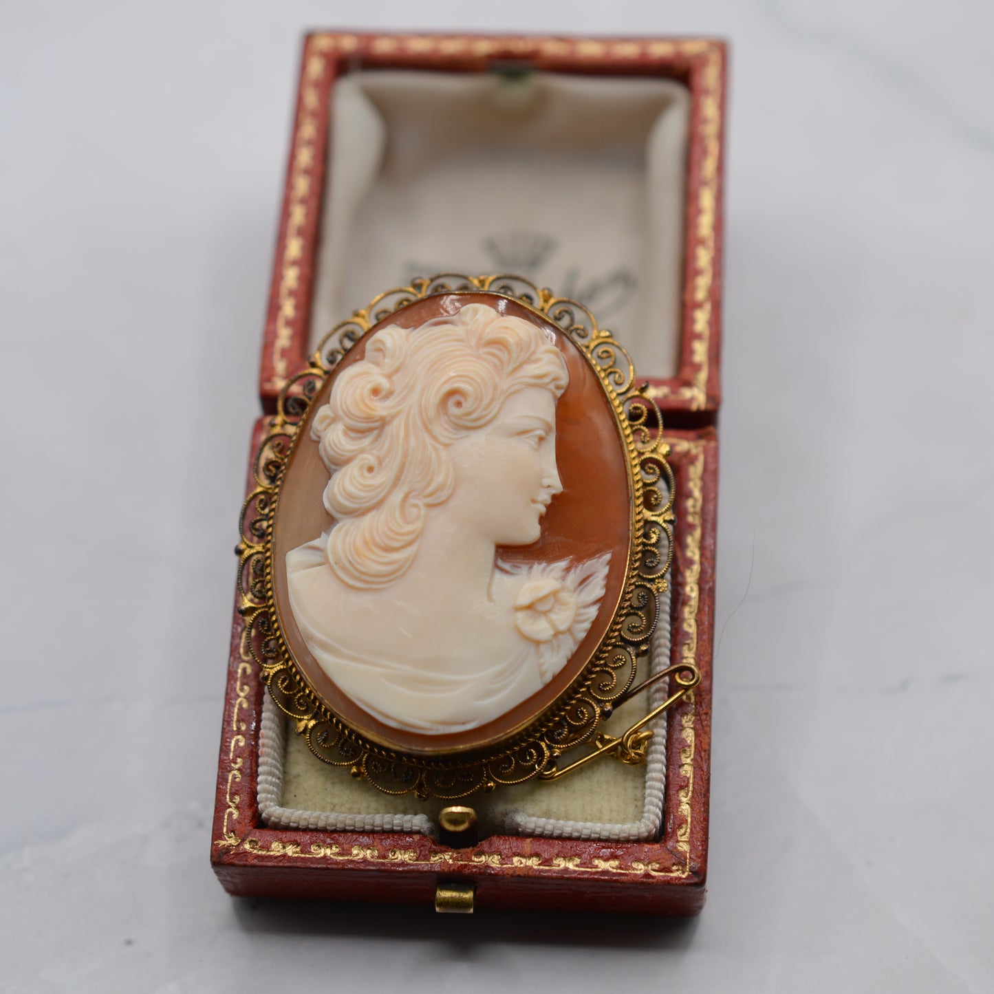 Large Vintage Cameo Brooch with Filigree Border
