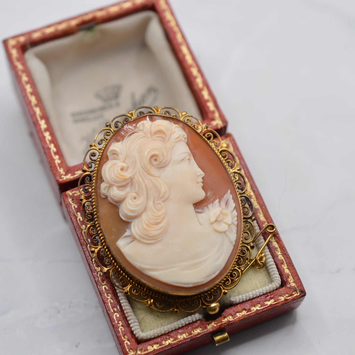 Large Vintage Cameo Brooch with Filigree Border