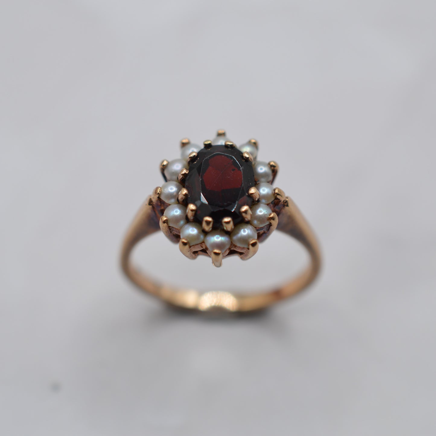1960s Vintage 9ct Gold Garnet & Pearl Cluster Ring