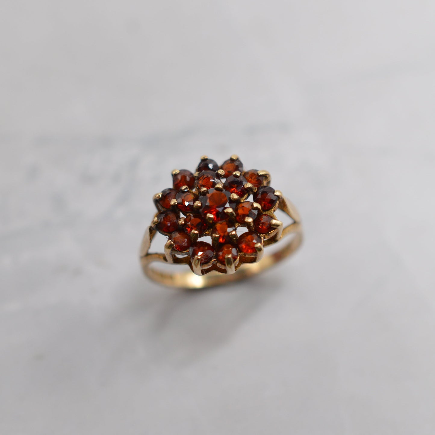 1970s Vintage 9ct Gold Garnet Three-Tier Cluster Ring