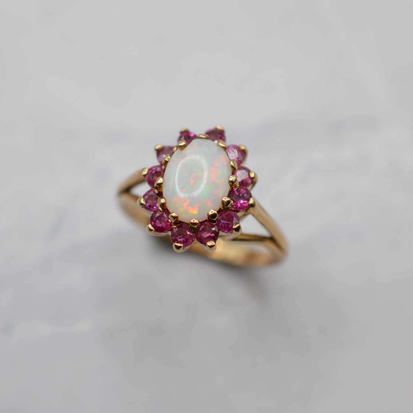 1980s 18ct Gold Opal & Ruby Cluster Ring