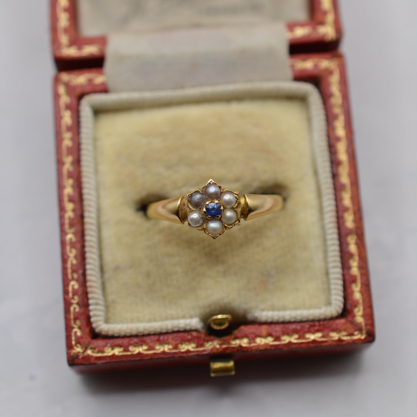 1898 Antique Victorian 18ct Gold Sapphire & Pearl Floral Cluster Ring