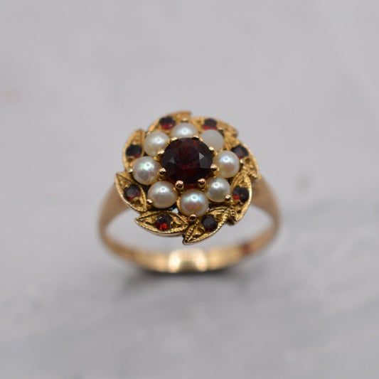 1970s Vintage 9ct Gold Garnet & Pearl Floral Cluster Ring