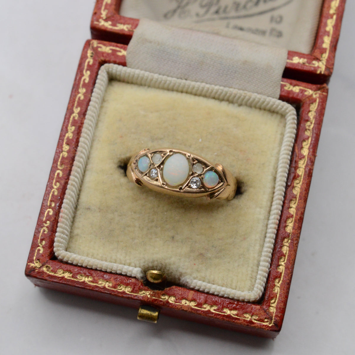 1908 Antique Edwardian 9ct Gold Opal & Paste Seven-Stone Ring