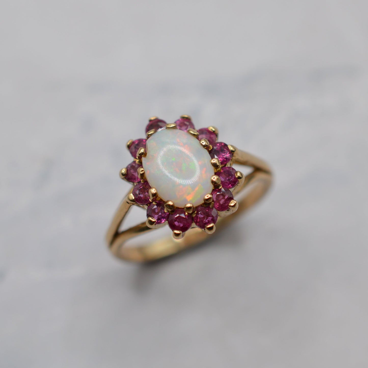 1980s 18ct Gold Opal & Ruby Cluster Ring