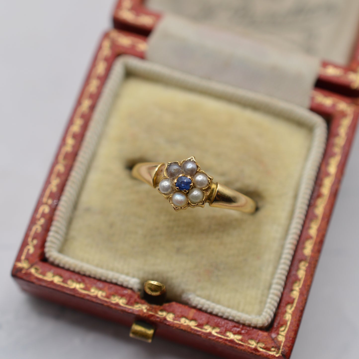1898 Antique Victorian 18ct Gold Sapphire & Pearl Floral Cluster Ring