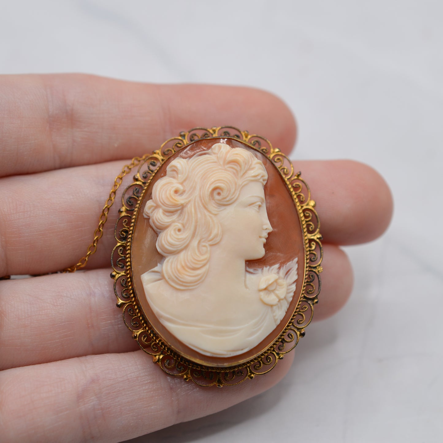 Large Vintage Cameo Brooch with Filigree Border