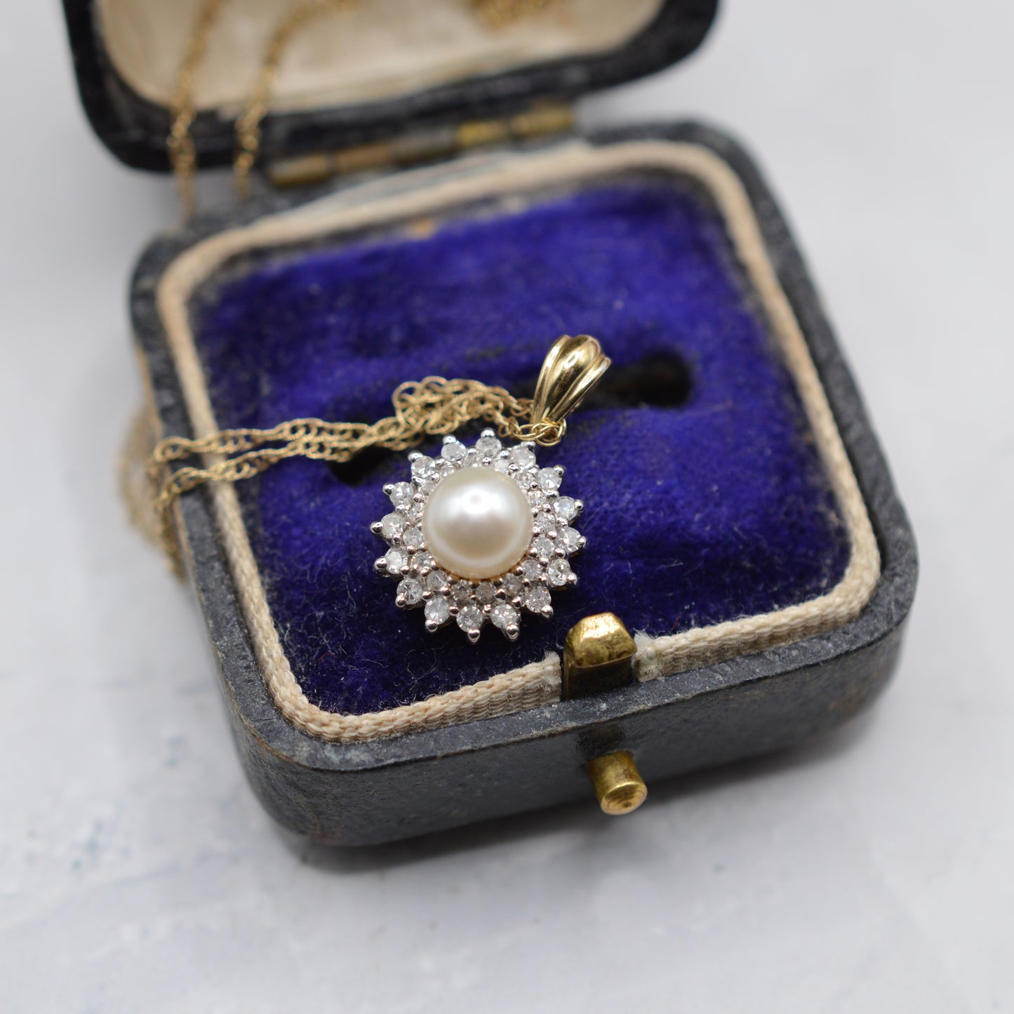 9ct Gold Pearl & Diamond Cluster Pendant Necklace (16”)