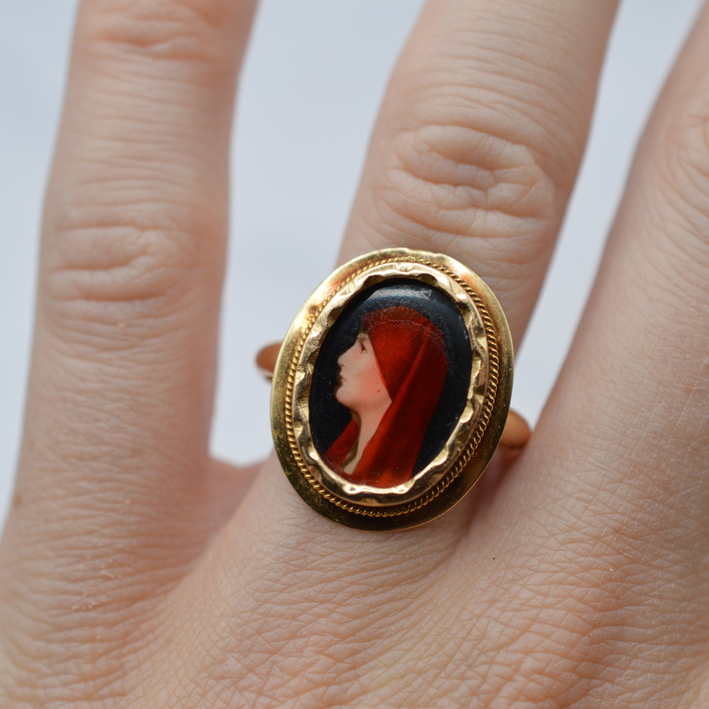 *RESERVED* Antique 18ct Gold Saint Fabiola Enamel Portrait Ring