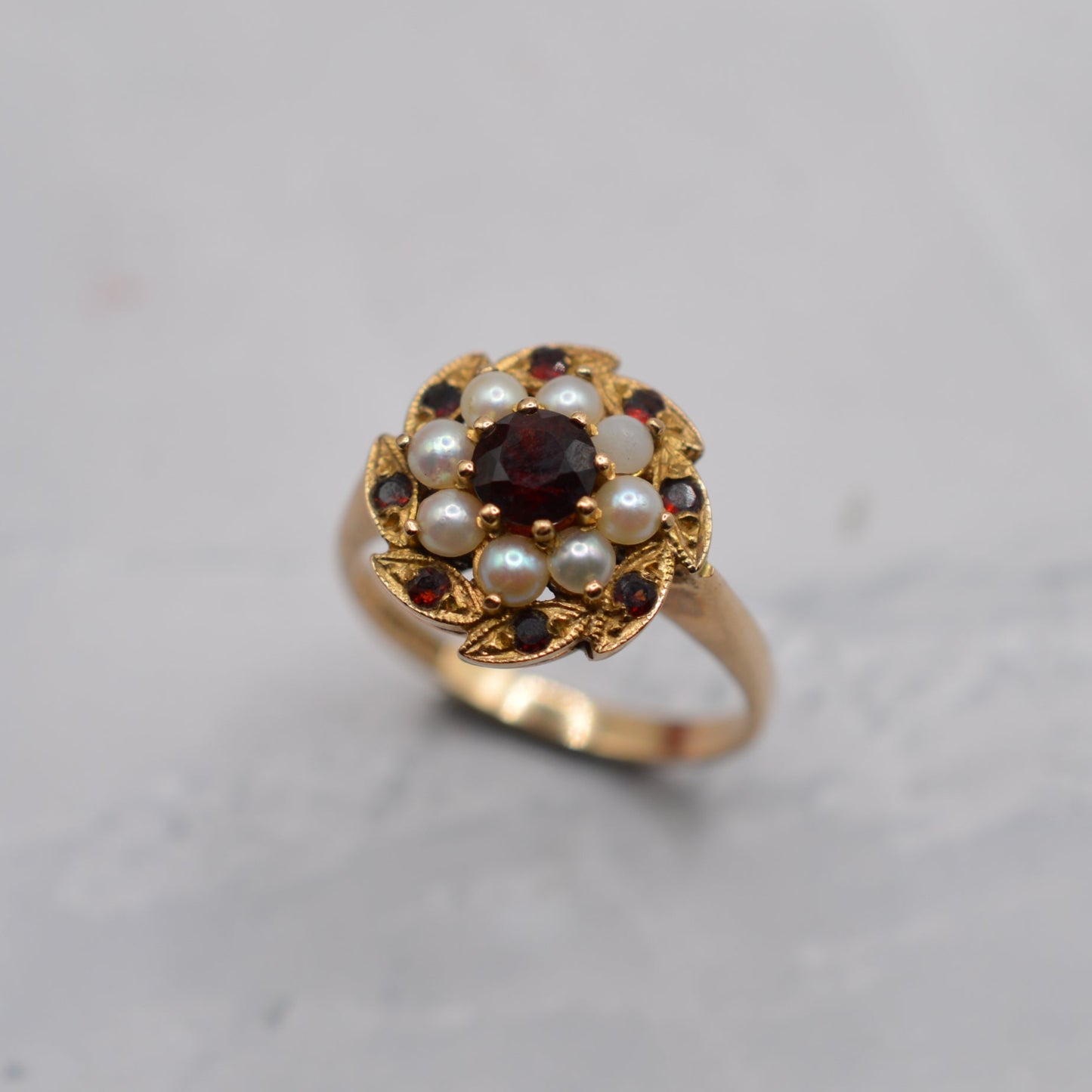 1970s Vintage 9ct Gold Garnet & Pearl Floral Cluster Ring