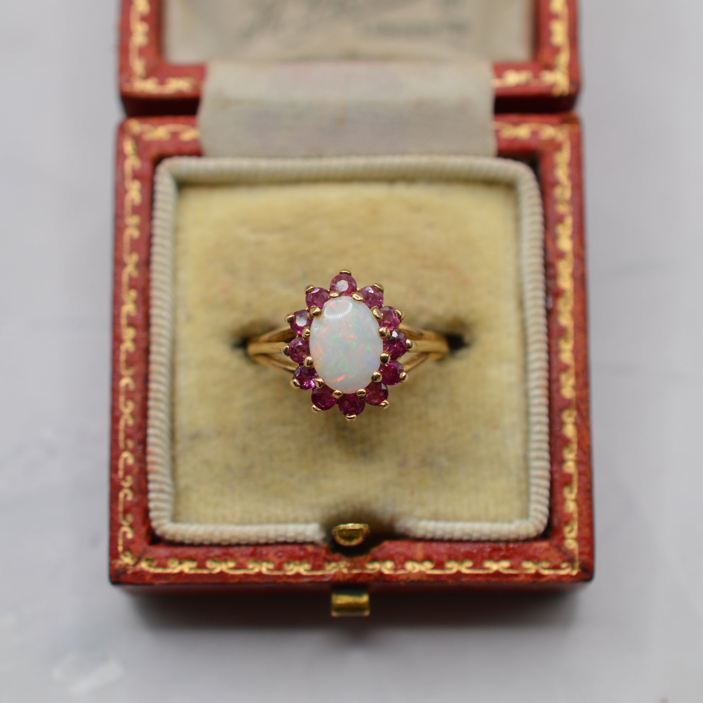 1980s 18ct Gold Opal & Ruby Cluster Ring