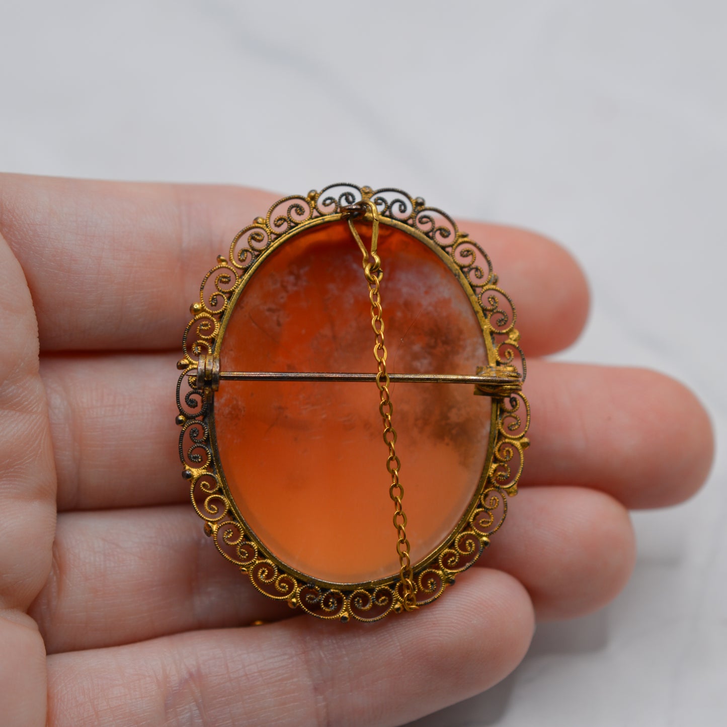 Large Vintage Cameo Brooch with Filigree Border
