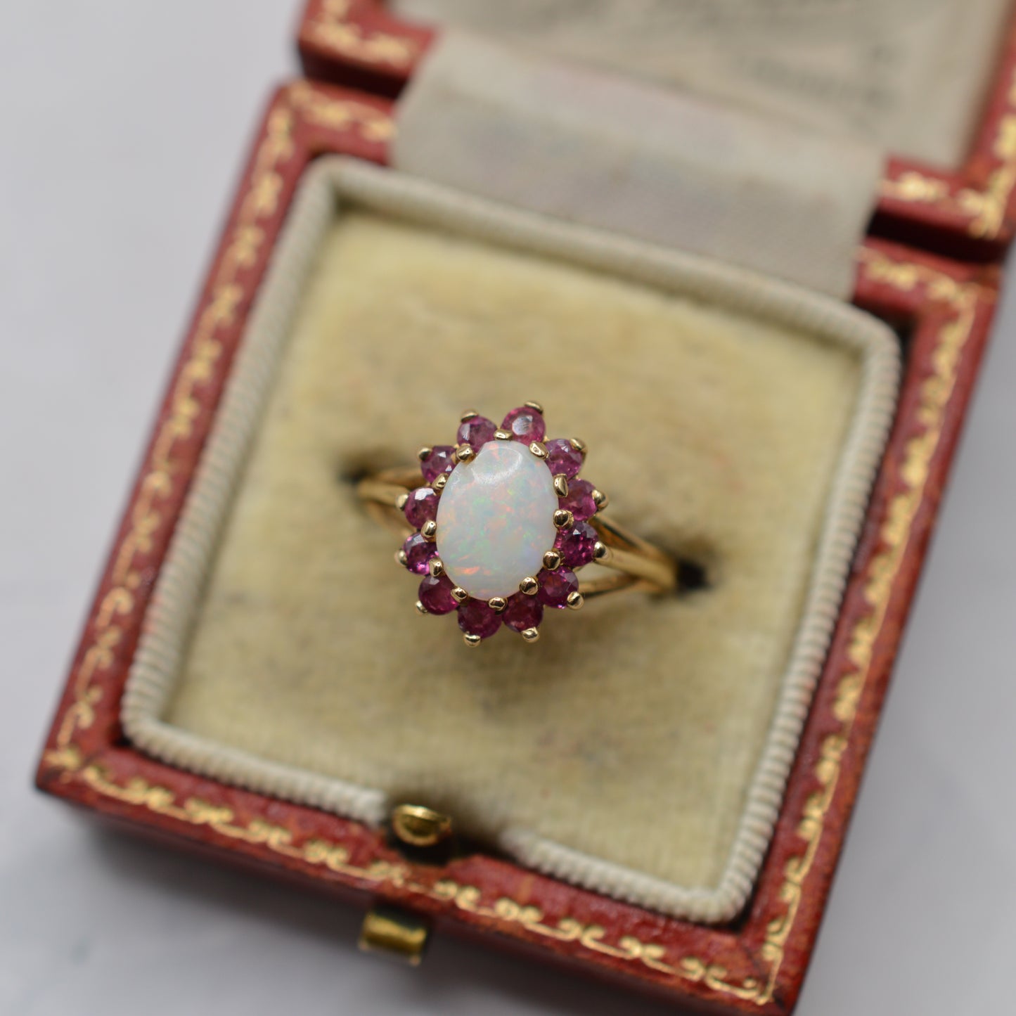 1980s 18ct Gold Opal & Ruby Cluster Ring