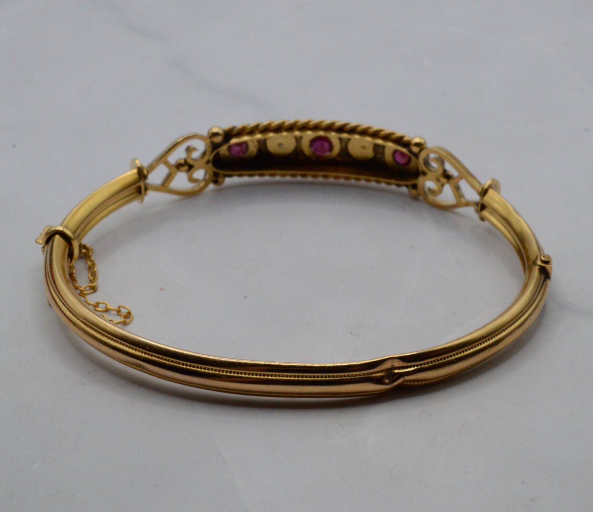 Antique Victorian 9ct Gold Ruby & Diamond Bangle Bracelet
