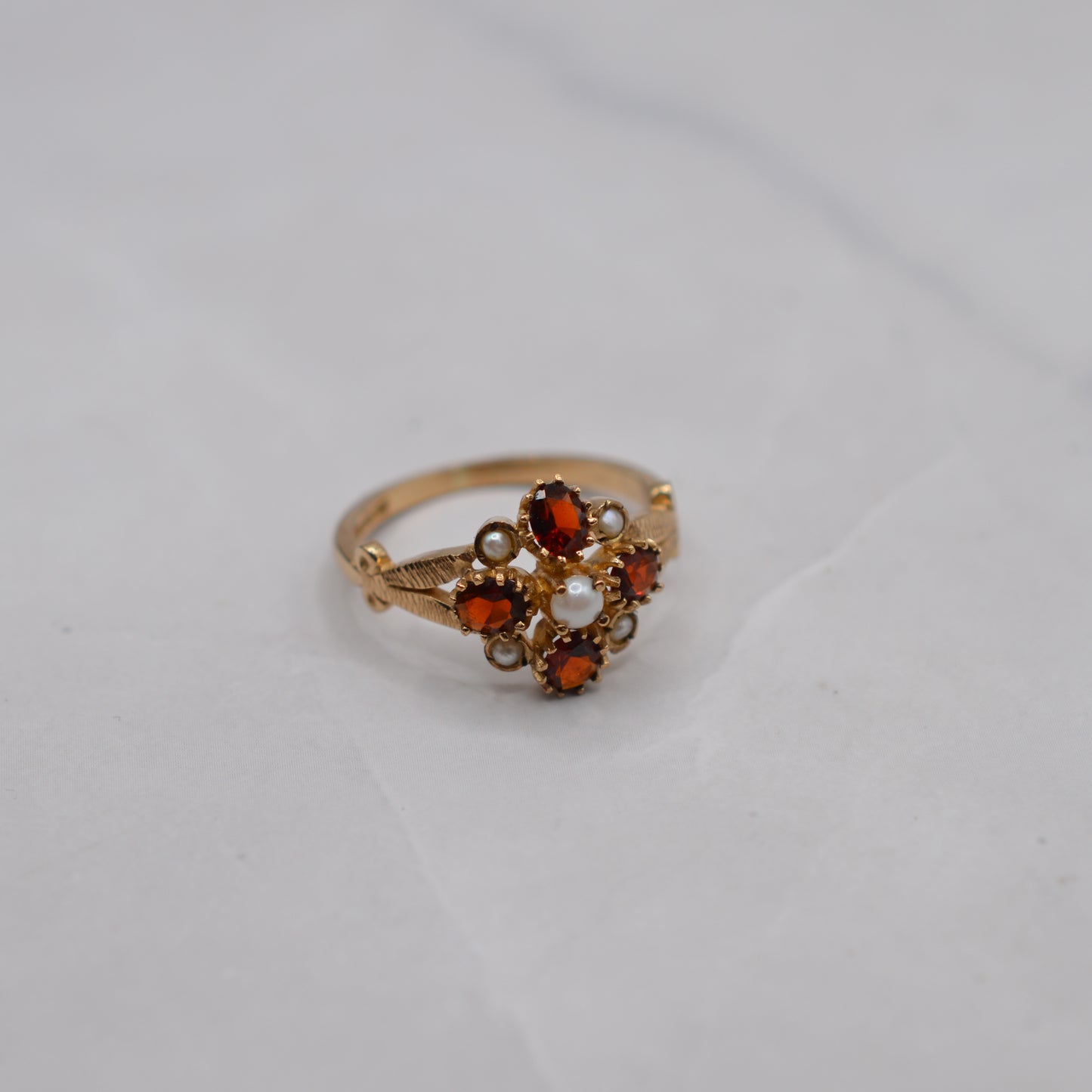 1990s 9ct Gold Garnet & Pearl Cluster Ring