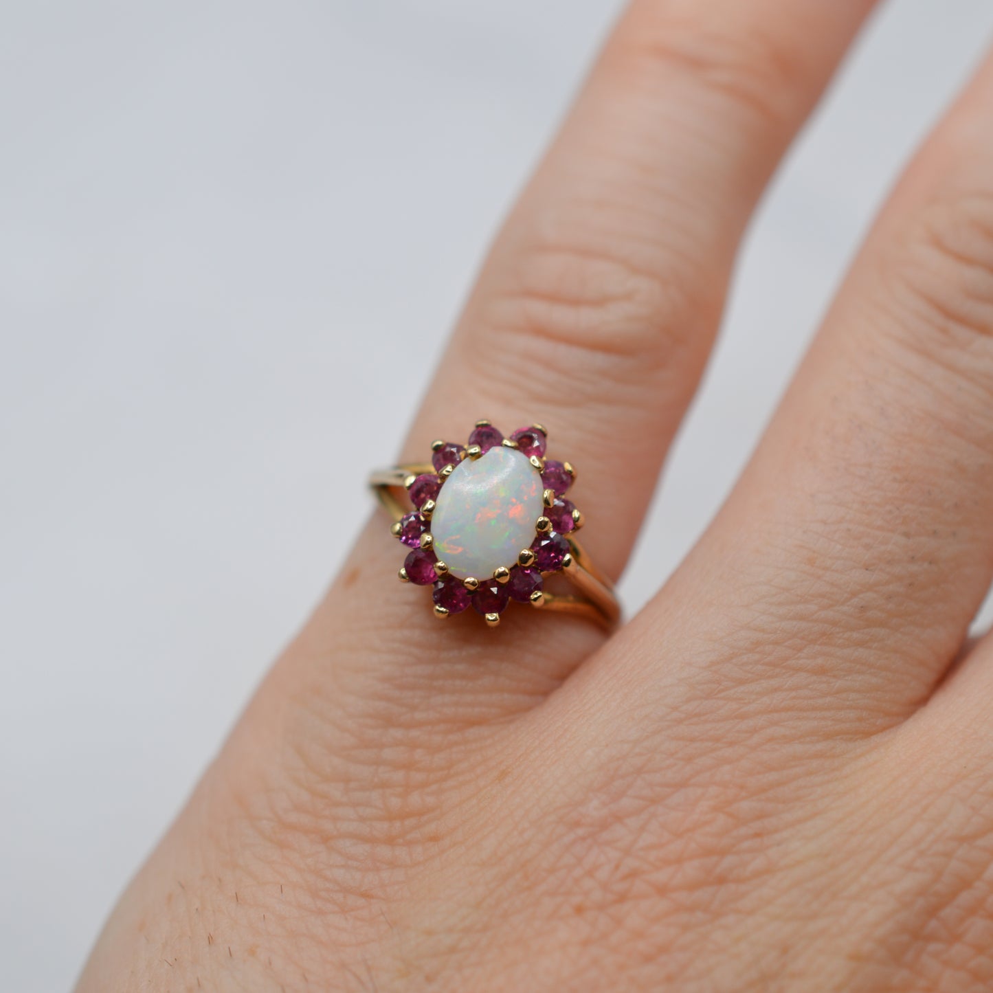1980s 18ct Gold Opal & Ruby Cluster Ring