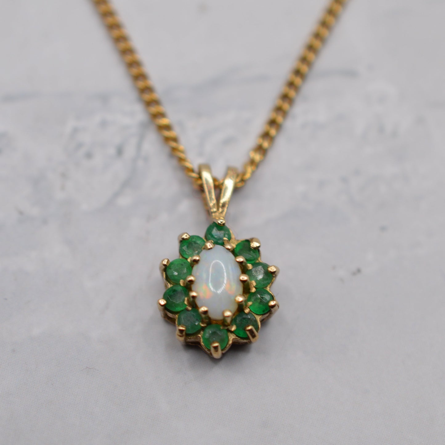 9ct Gold Opal & Emerald Cluster Pendant Necklace (17”)