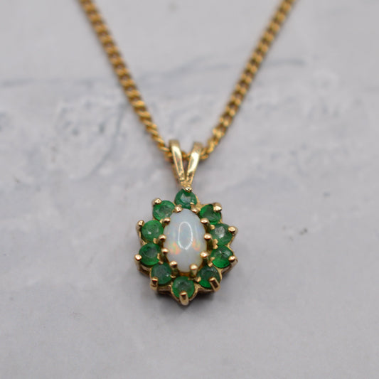 9ct Gold Opal & Emerald Cluster Pendant Necklace (17”)