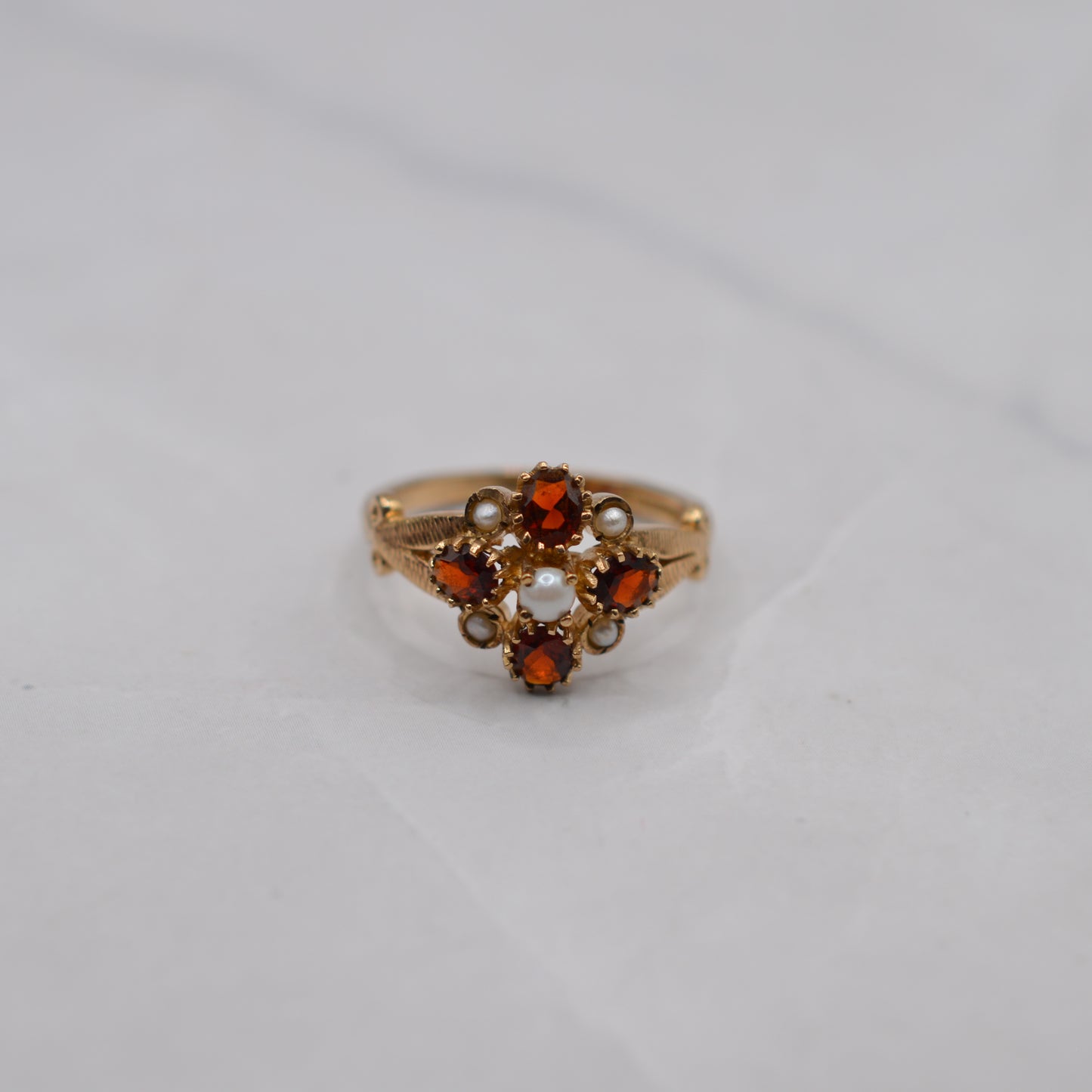 1990s 9ct Gold Garnet & Pearl Cluster Ring